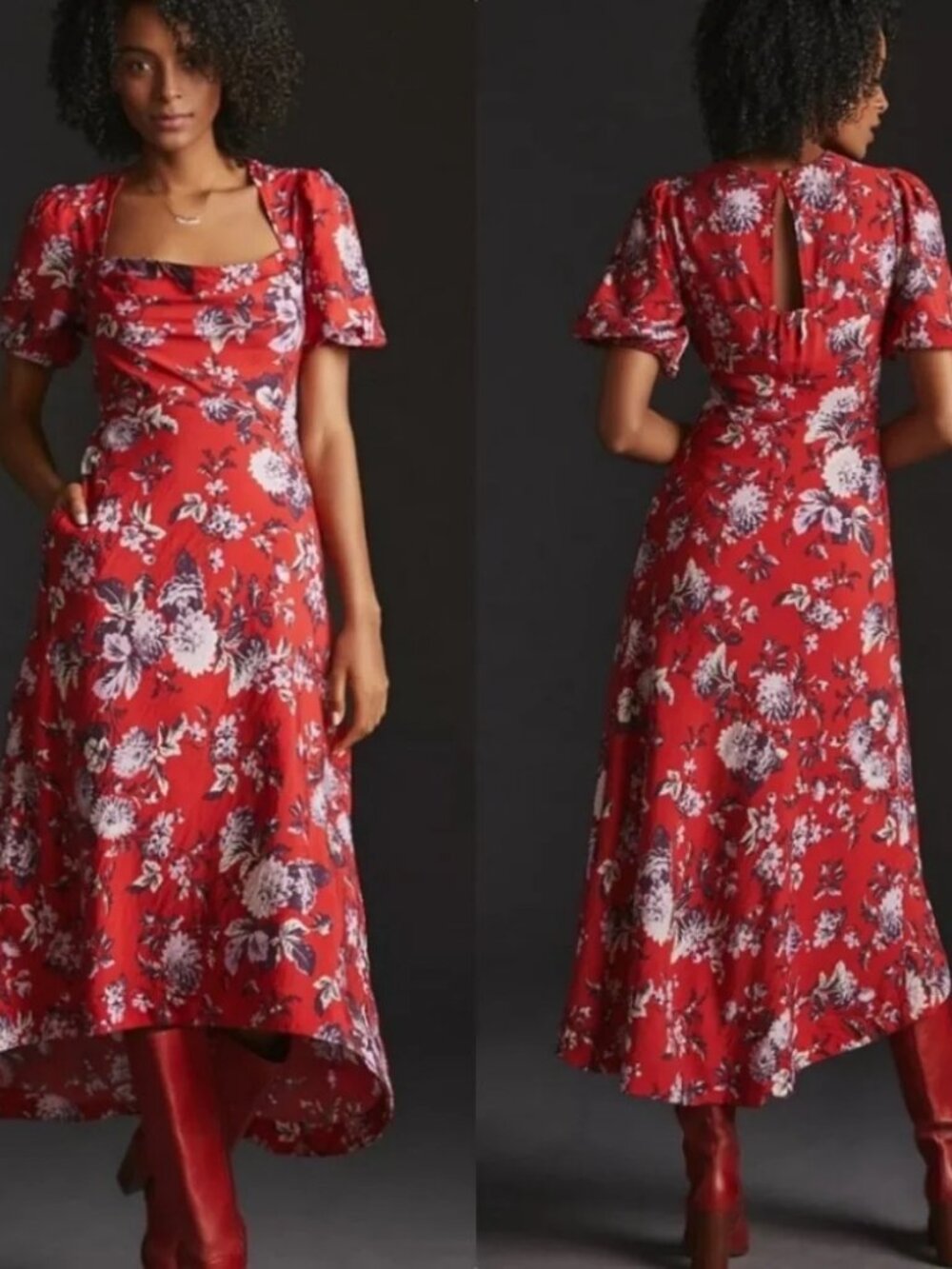 Anthropologie Maeve Red Floral Puff Sleeve Midi/Maxi Dress, size 24
